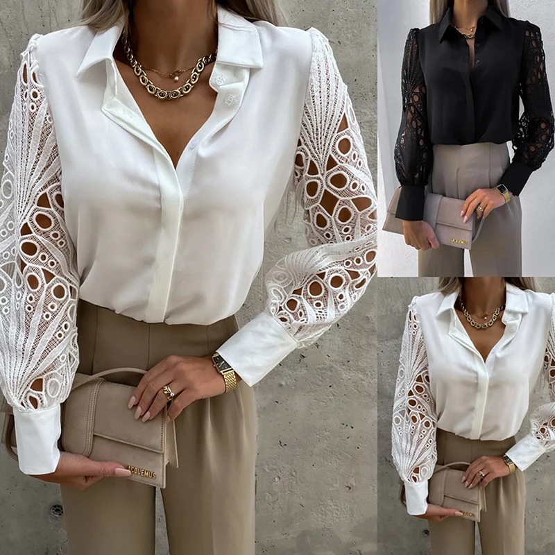 

Элегантная женская рубашка с длинным рукавом, модный офисный топ с лацканами и пуговицами, белая женская пикантная ажурная блузка с вышивкой, уличная одежда
