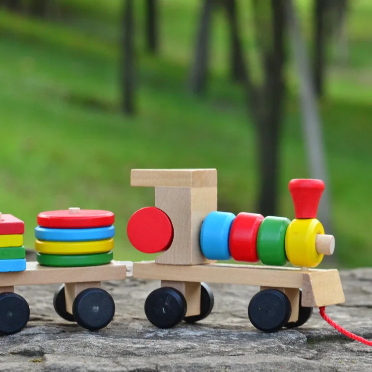 S Wood Drag Toddler Toys Assembly Train Building Blocks Baby Early Enlightenment Training Gift