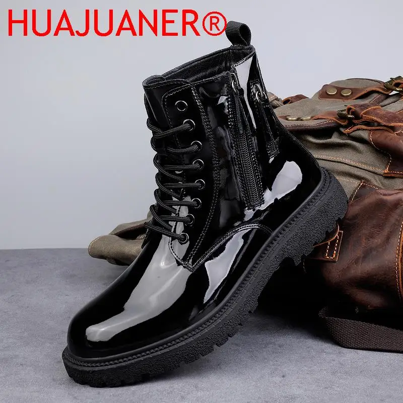 

HUAJUANER Winter Round Toe Man Casual Boots Gray Brown Platform Patent Leather Men Boots Zipper High Top Trend Men British Boot