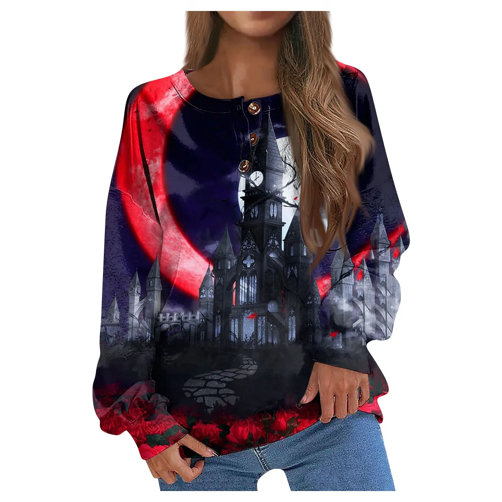 

Худи с принтом на Хэллоуин, женский осенне-зимний дизайнерский топ с круглым вырезом и пуговицами, Свободный Повседневный пуловер с длинными рукавами, Свитшот