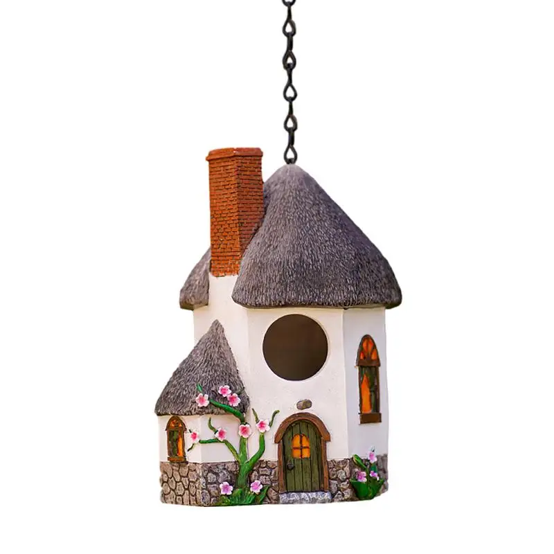

Зимний птичий домик для улицы, ретро садовые статуи, искусство, полимер, подвесной птичий домик с железными цепочками и крючками, подвесные ...