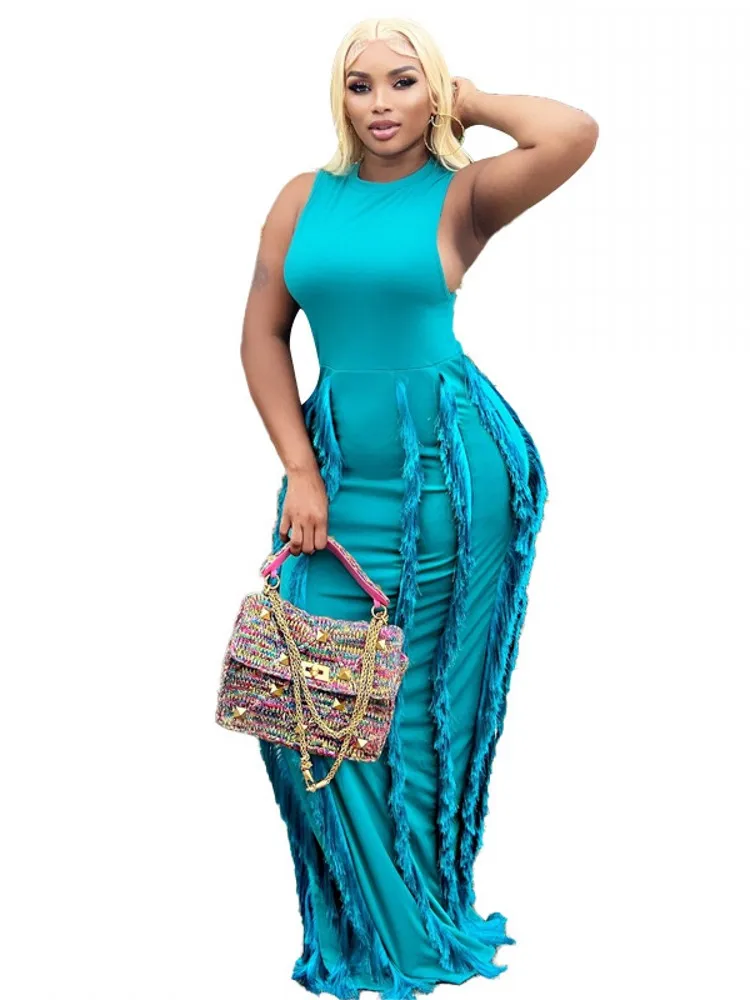 

Шикарное женское длинное платье с кисточками для вечерние НКИ, ночного клуба, сексуальный жилет, облегающее лоскутное платье на бретелях с ...