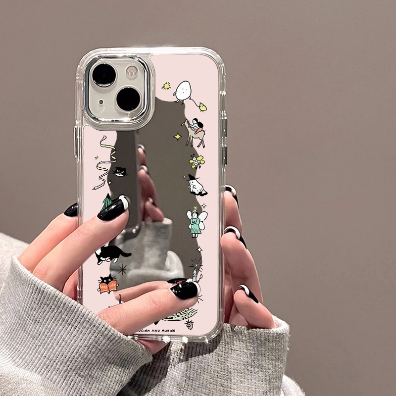 

Cute Cartoon Makeup Mirror Phone Case For iPhone 11 14 12 13 Pro Max XR XS X Cases For iPhone11 13Pro Mirror Make Up Back Covers