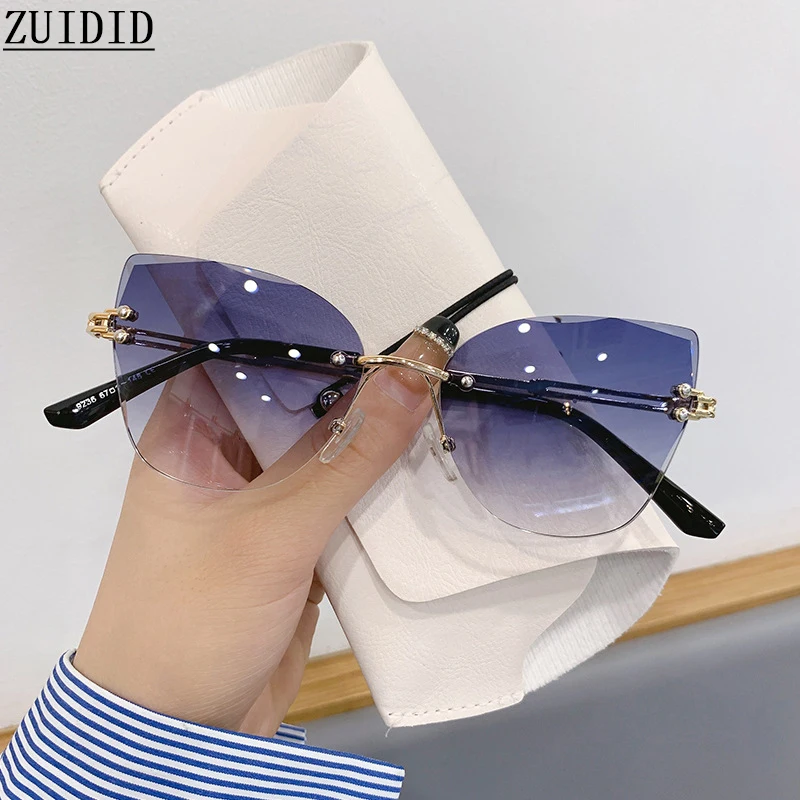 

Cat Eye Sunglasses Women 2023 Rimless Luxury Fashion Glasses Blue Pink Shades Lunette De Soleil Femme Gafas De Sol Mujer Lentes