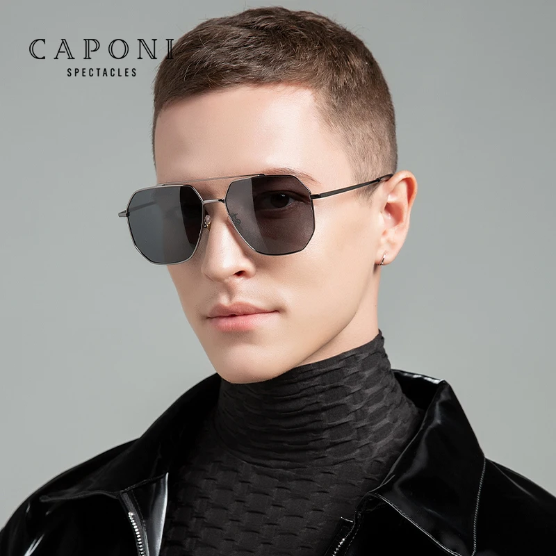 CAPONI Polarized Men Sunglasses Double Bridge Brand Design Alloy Black Shades For Male Car Driving Ray Cut Sun Glasses CP21007