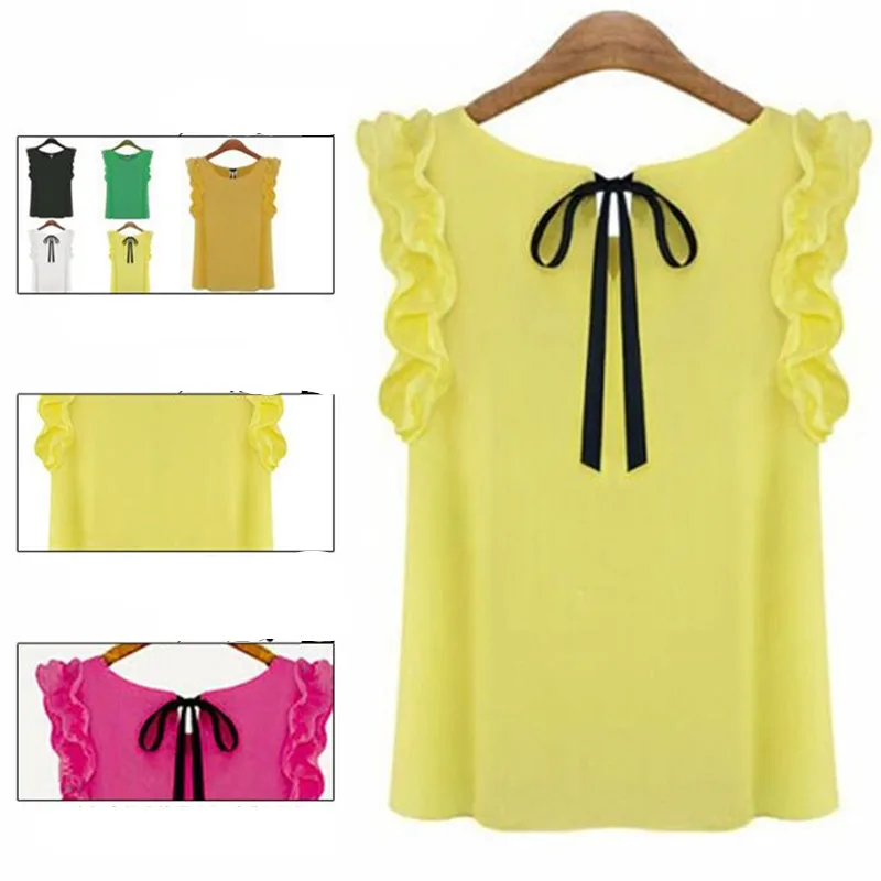 

Women Blouses T Shirt Butterfly Short Sleeves T-Shirt Summer Bow Lace Up Solid Female Blouses Tops Ruffle Pullover Casual Blusa
