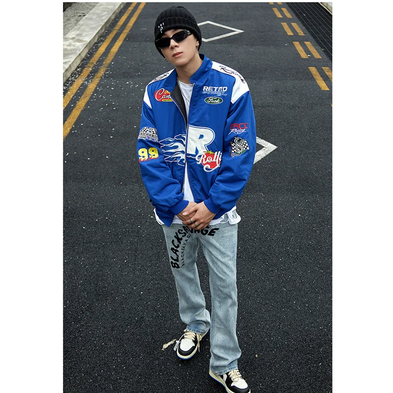 Streetwear Men Embroidered Letter Recreational Jeans Sense of 2022 Design Vintage Blue Straight Pants Autumn and Winter Female