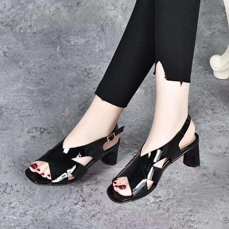 

Summer Leather Women Shoes Comfortable Ladies Mid Heel Sandals Hollow Peep Toe Square Heel Sandals Woman Footwear