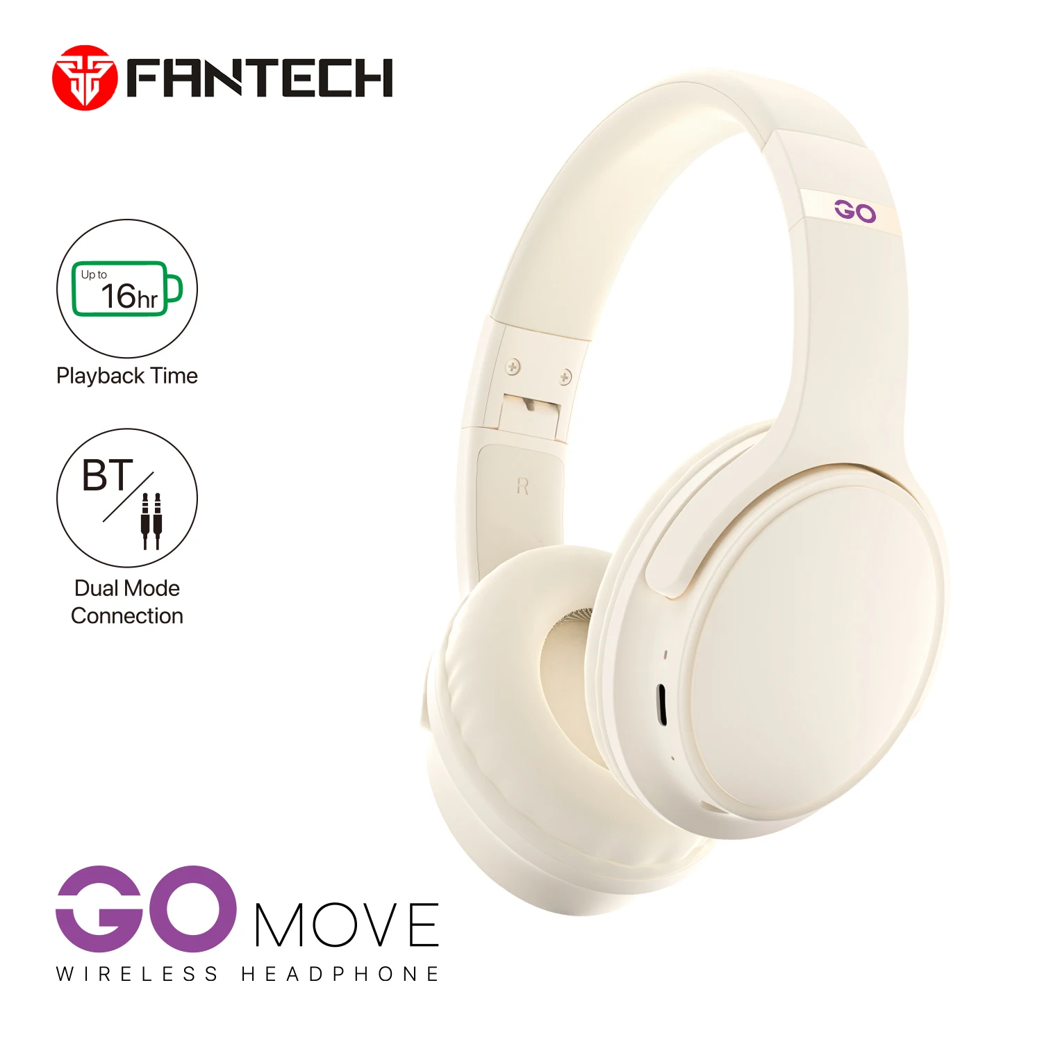 

FANTECH GO MOVE Wireless Headphone Bluetooth 5.0 40mm Driver Foldable Over Ear Headphone Leather ear muffs 3.5mm Wired Headset