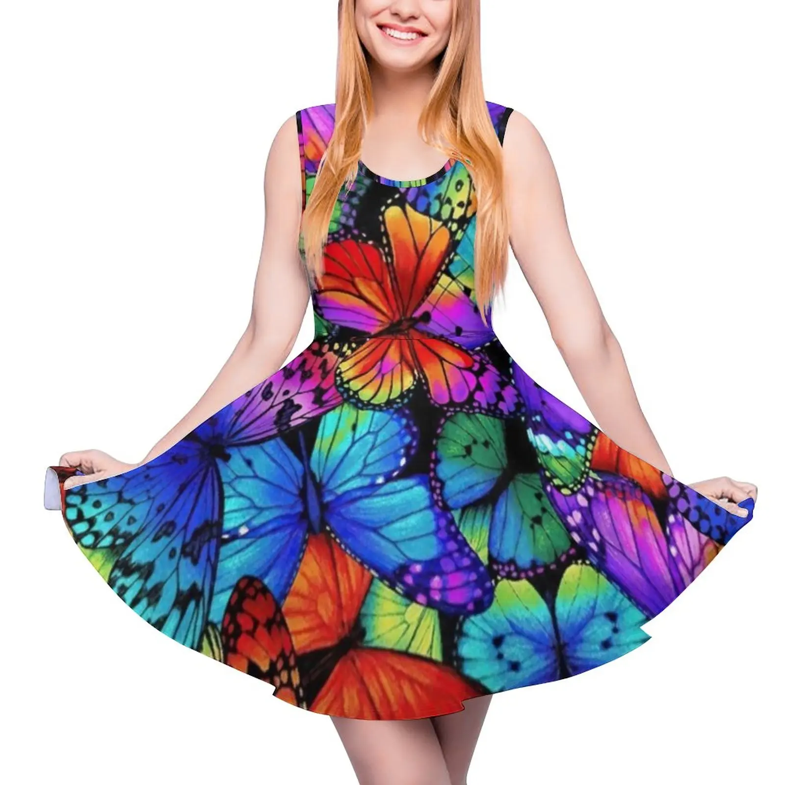 

Colorful Butterfly Dress Neon Animal Print Pretty Dresses Sleeveless Streetwear Big Size Skate Dress Ladies Custom Vestidos