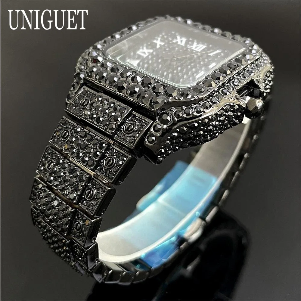 Фото UNIGUET модные мужские часы со льдом, роскошные квадратные кварцевые часы из нержавеющей стали, мужские наручные часы в стиле хип-хоп с черными бриллиантами Reloj Hombre №3
