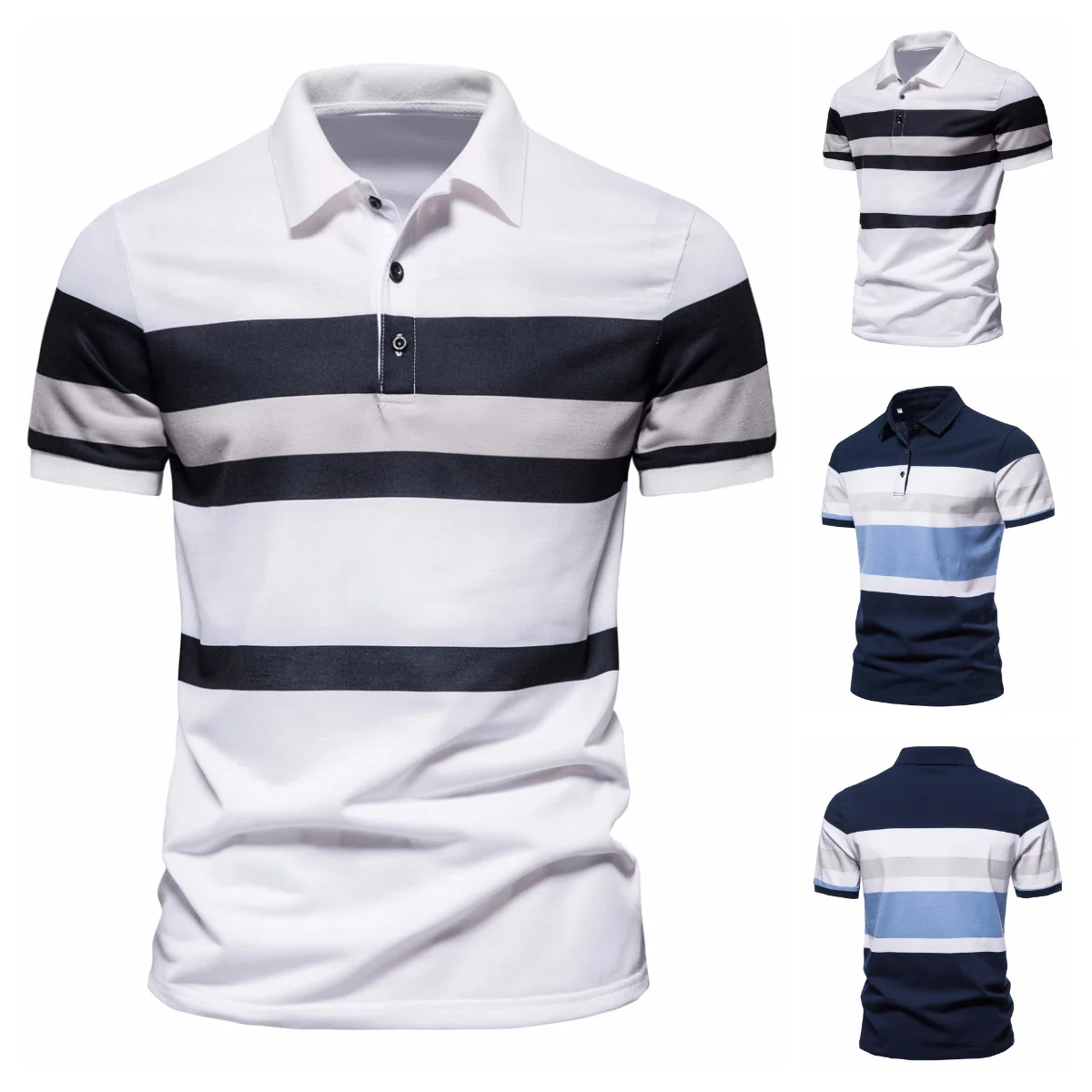 

European size men's 2022 summer new short-sleeved POLO shirt fashion striped color matching casual lapel T-shirt men