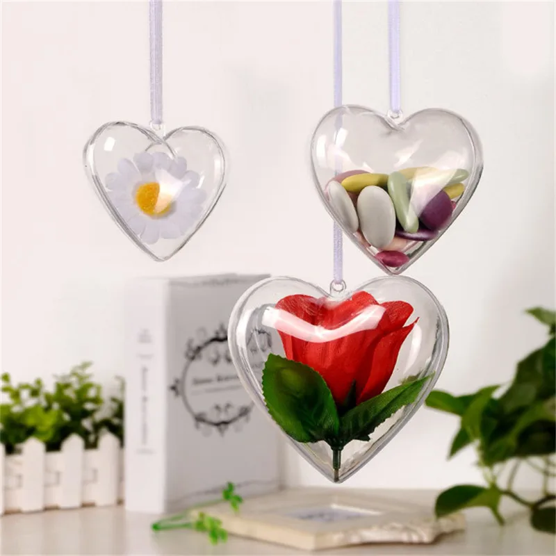 

5 Pcs Heart Shape Clear Candy Boxes Xmas Wedding Party Decoration Hanging Balls Transparent Can Open Plastic Ornament