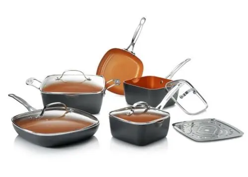 

Pots and Pans Set, 10 Piece Square Design with Ultra Nonstick Ceramic Coating, Includes Skillets, Sauce Pan, Stock Pot, Stainles