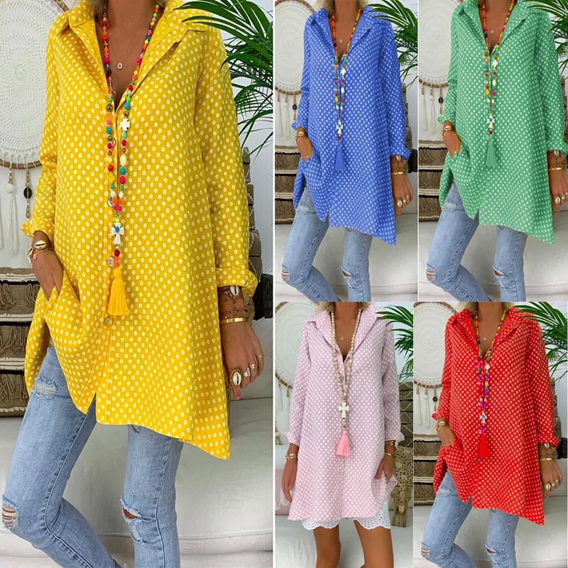 

2023 Spring New Women Polo Shirt Polka Dot Print Fashion Shirt Women's Casual Loose Tops