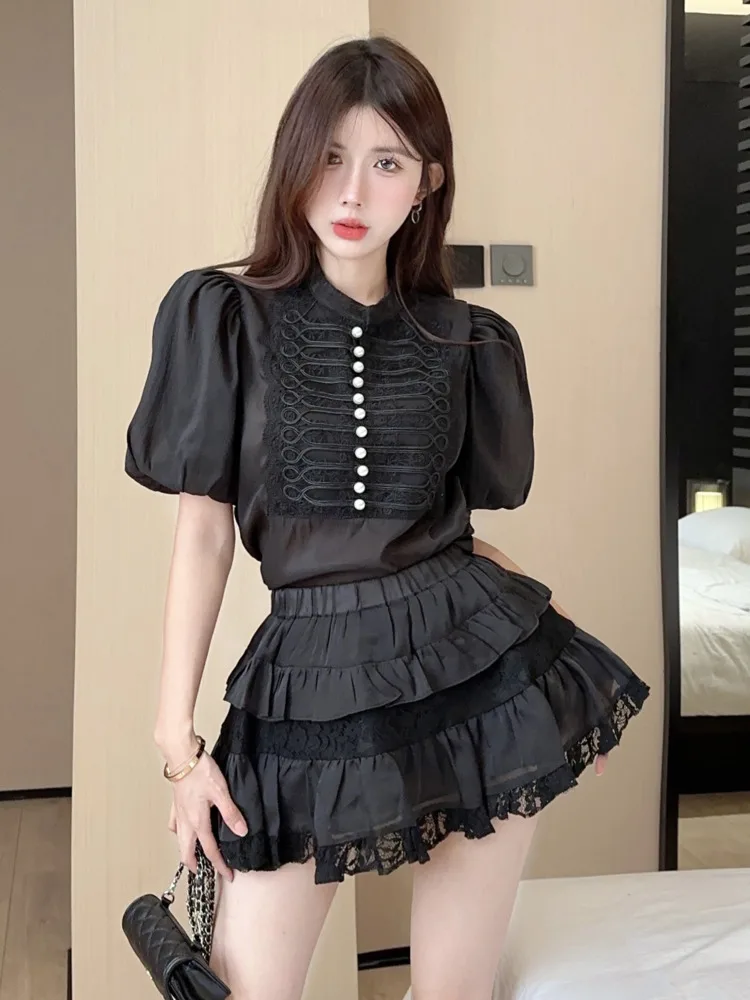 

2023 New French Vintage Small Fragrant Two Piece Set Women Puff Sleeve Skirt Top + Mini Cake Skirt Suits Summer 2 Piece Outfits