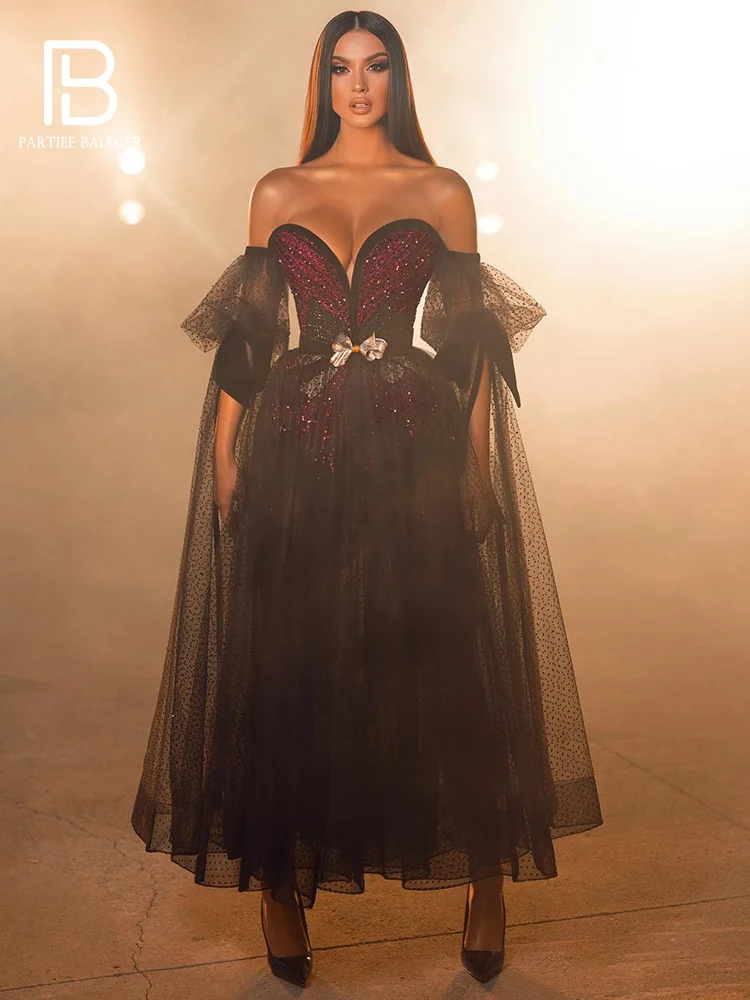 

PB Sexy Outfits For Women Bow Decoration Sequins Polka Dot Mesh Strapless Tube Elegant Cocktail Evening Party Bodycon Dress