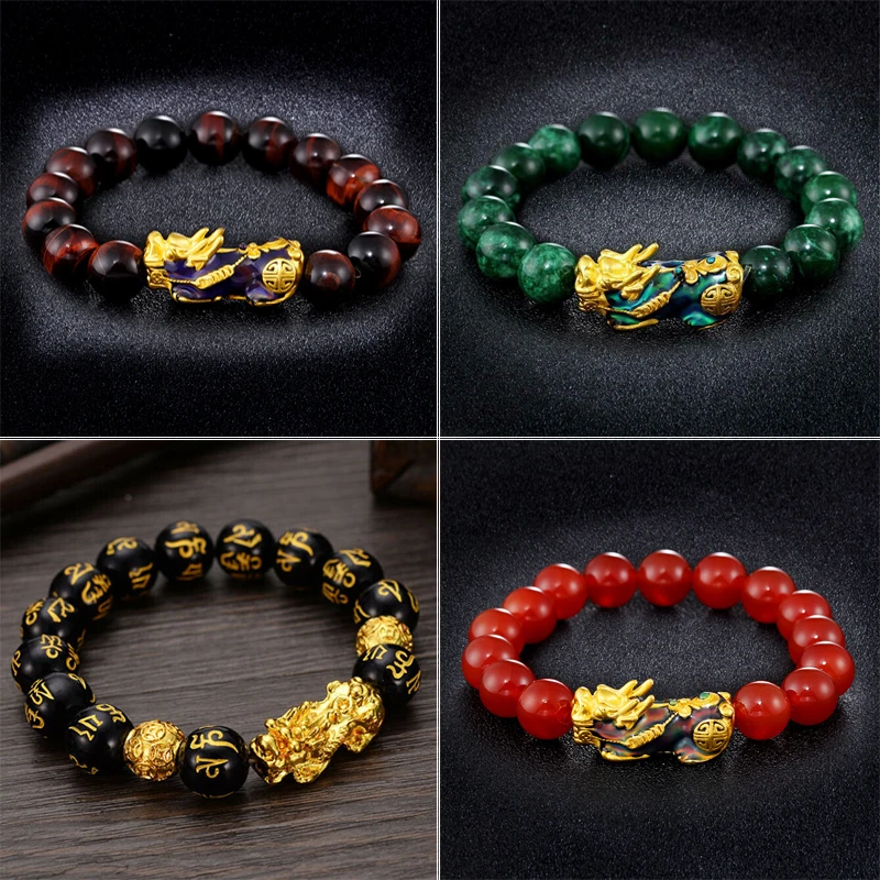 

Pixiu Natural Stone Bracelet Men Women Chinese Feng Shui Pi Xiu Obsidian Wristband Gold Wealth and Good Luck Women Bracelets