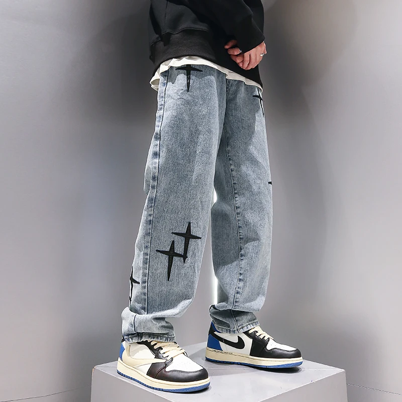Y2K Men's Jeans Vibe Style European and American Hip-hop High Street Cross Embroidery Retro Loose Wide-leg Pants Ins Hot Sale