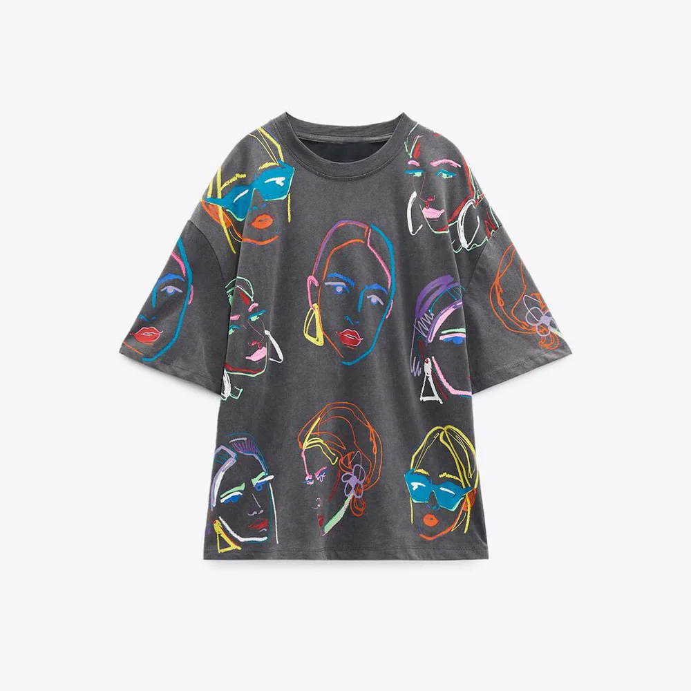 

Summer New Fashion Women's Street Trend Versatile Round Neck Short Sleeve Color Contrast Print Decoration T-Shirt