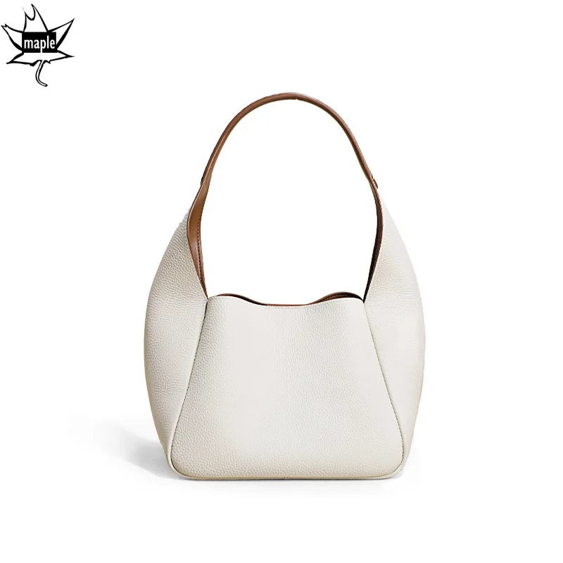 

Chic Elegant Beige Bucket Tote Shopper Bag 2022 100% Cowhide Leather Women's Handbag Commute Business Female Shoulder Armpit Bag