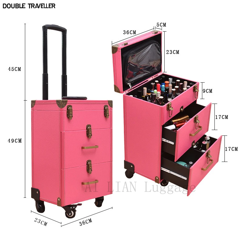 Women multi-layer large-capacity cosmetic case Box Nail tattoo Rolling luggage bag makeup case multi-function trolley suitcase