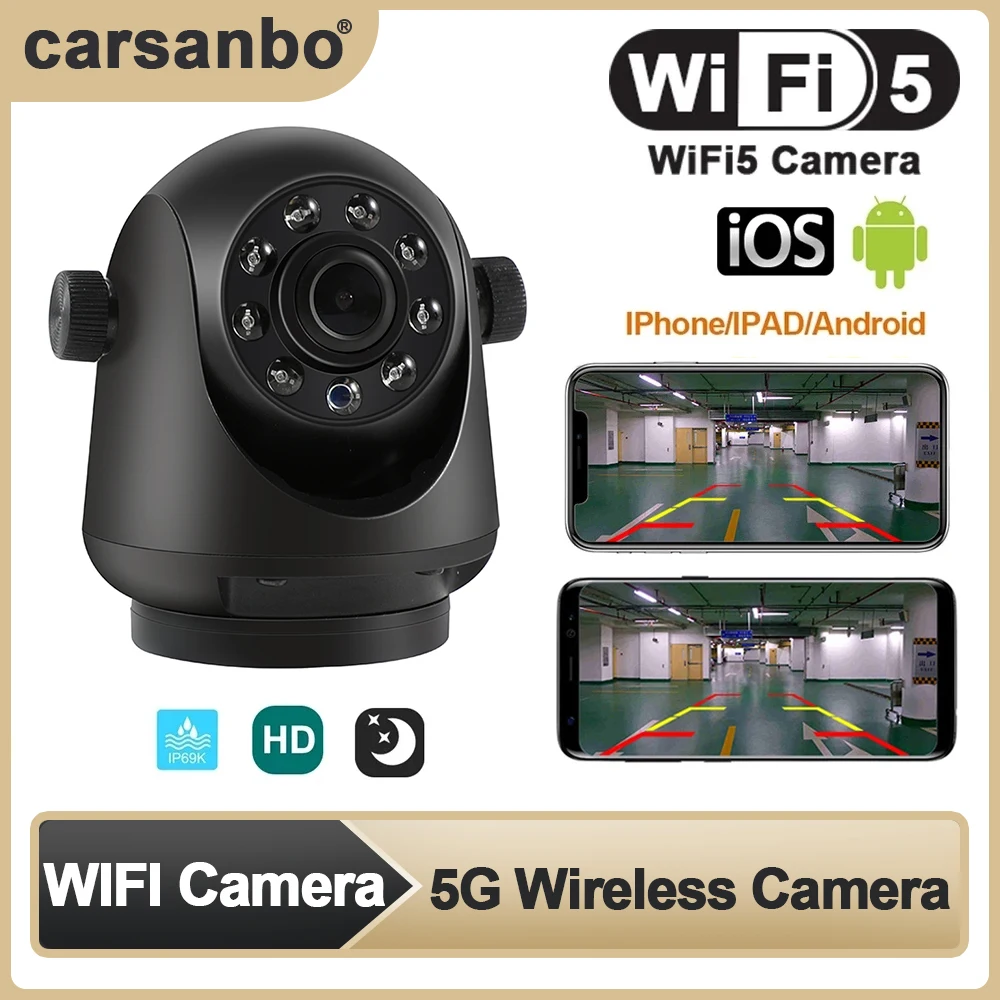 Carsanbo Car HD WIFI5 Magnetic Tile Camera Wireless Waterproof Rear View Camera 5V USB/12V Support Android, IOS for Buses/buses