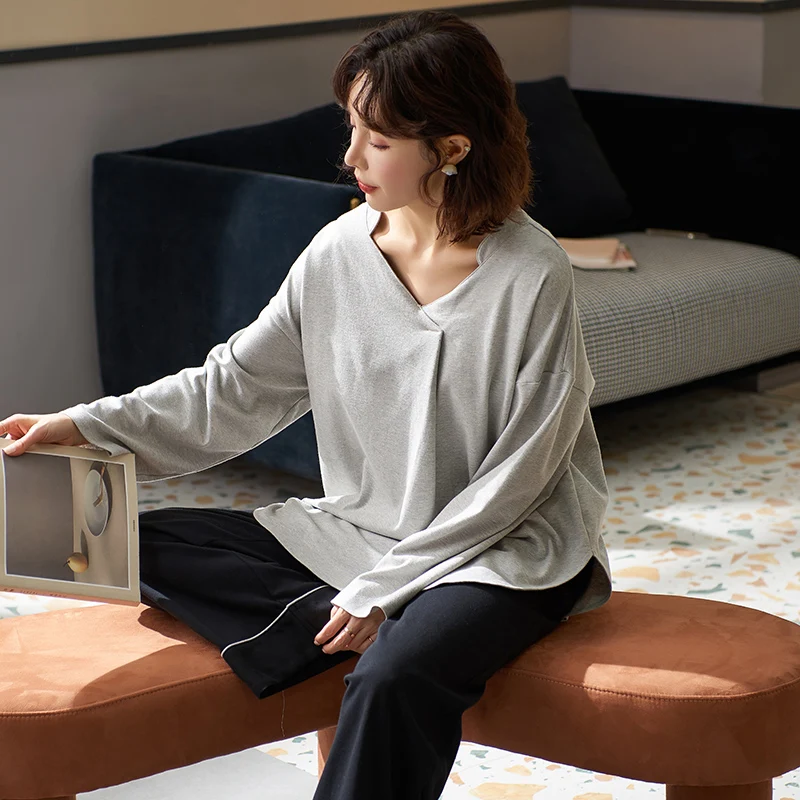 

2023 New Spring Knitted Cotton Women's Pajamas Personalized Long Sleeve V-Neck Pullover Fashion Casual Cute Wearing Home Suit