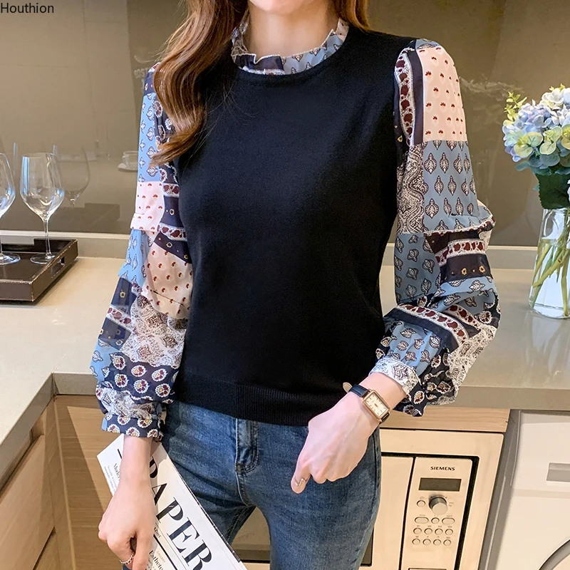

Autumn Winter New Women's Sweatshirts O Collar Long Sleeve Top Printing Girl Knit Stitching Casual Fashion Lady Loose