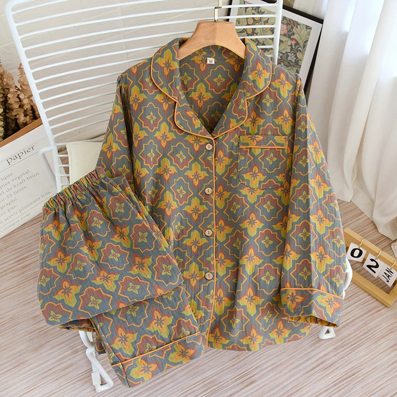 

Women's 100% Cotton Yarn-dyed Fabric Cardigan Two-piece Homewear Clothes Spring Summer Thin Retro Printing Female Pajama Suit