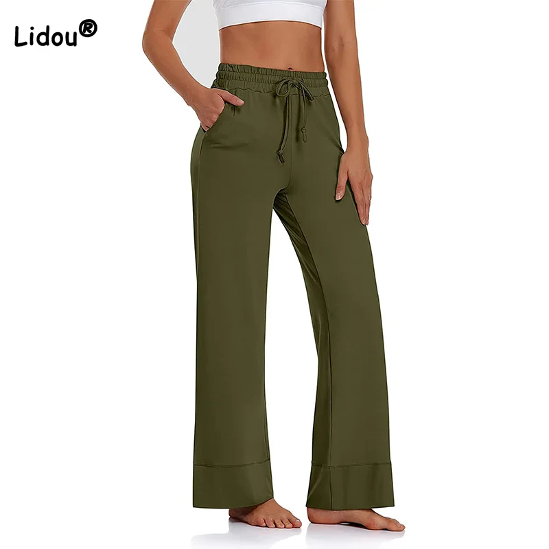 

Women Casual Summer New Drawstring Solid Color Pockets Yoga Pants Jogger Loose Elastic High Waist Exercises Wide Leg Trousers