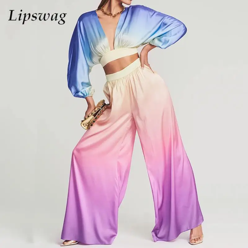 

Женский свободный комплект из двух предметов, Топ с длинным рукавом и глубоким V-образным вырезом и широкие брюки, повседневный комплект с г...