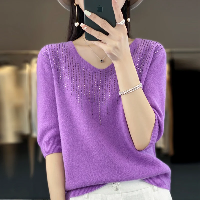 

100% Wool Knitted Short Sleeved Women's V-neck Studded With Diamond Sheep Pullover Sweater with Half Sleeve Bottom Top