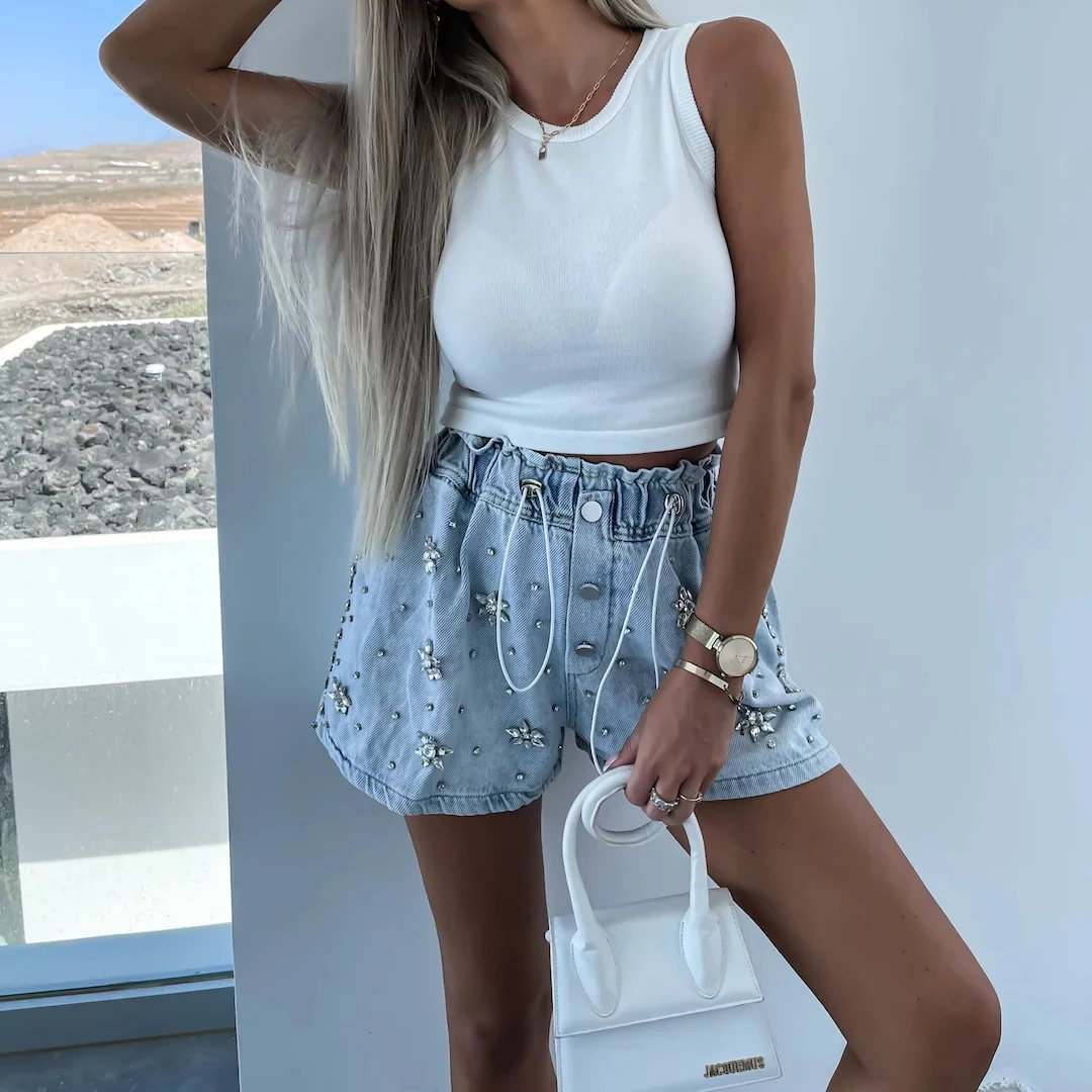 Y2K Summer New Casual Fashion Shorts Temperament Commuting Rhinestone Heart Pattern Drawstring Denim Shorts
