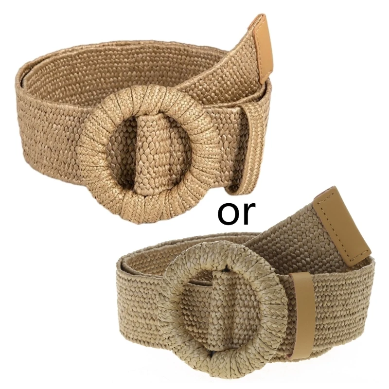 

F42F Bohemian-Style Women Belt for Dress Pin Buckle Waist Belt Handwoven Round Buckle Elastic Belt Lady Clothing Accessories