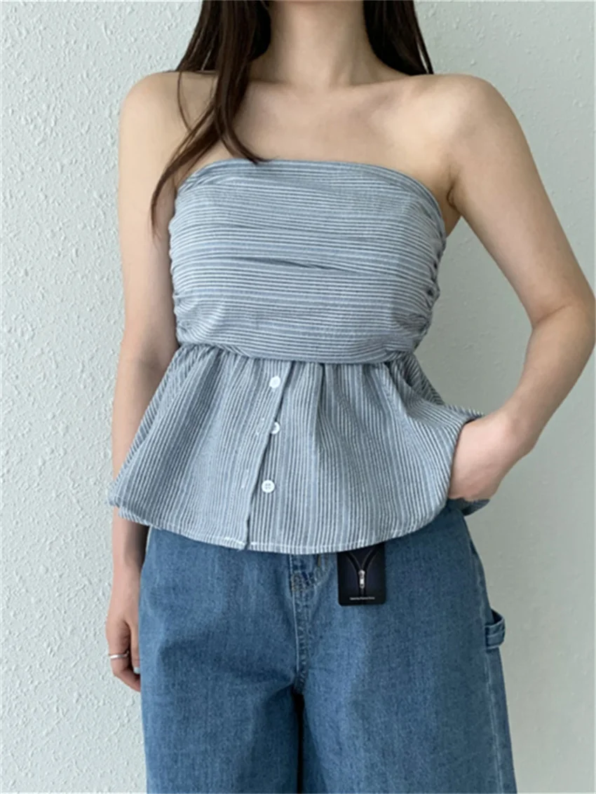 Женская приталенная Майка в полоску без рукавов с открытыми плечами