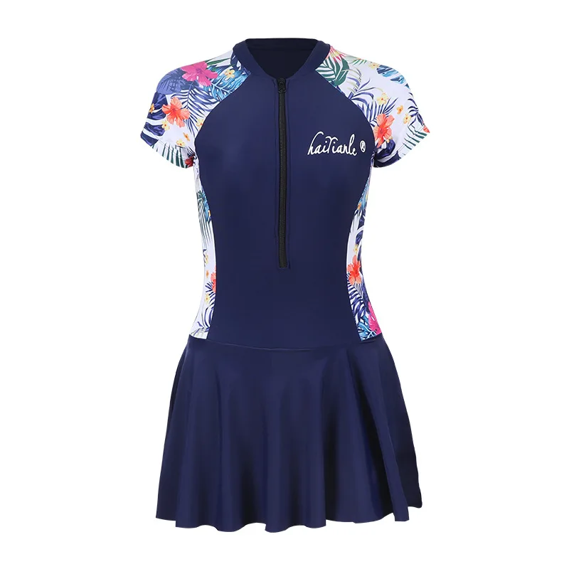 Женский купальный костюм с коротким рукавом юбкой и высокой талией рюшами