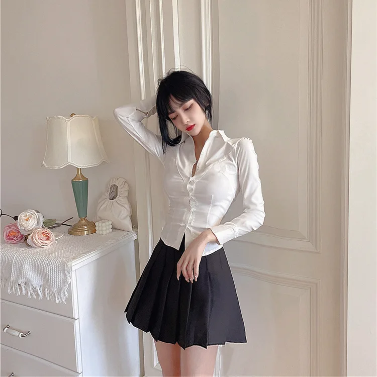 

Sexy Slim Fit Basic White Shirt Women's Waist Wrap Retro Cute Korean Style Long Sleeve School Uniform