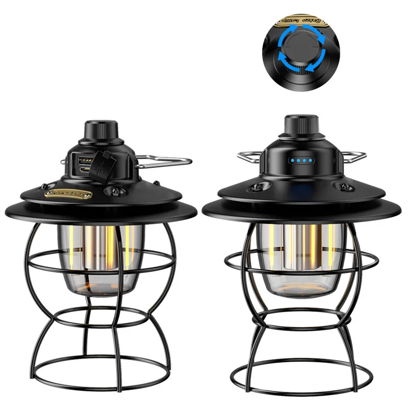 

2022 Portable Retro Camping Lantern Rechargeable Metal Handle Flashlight Vintage Warm White Light Outdoor Hanging Tent Light