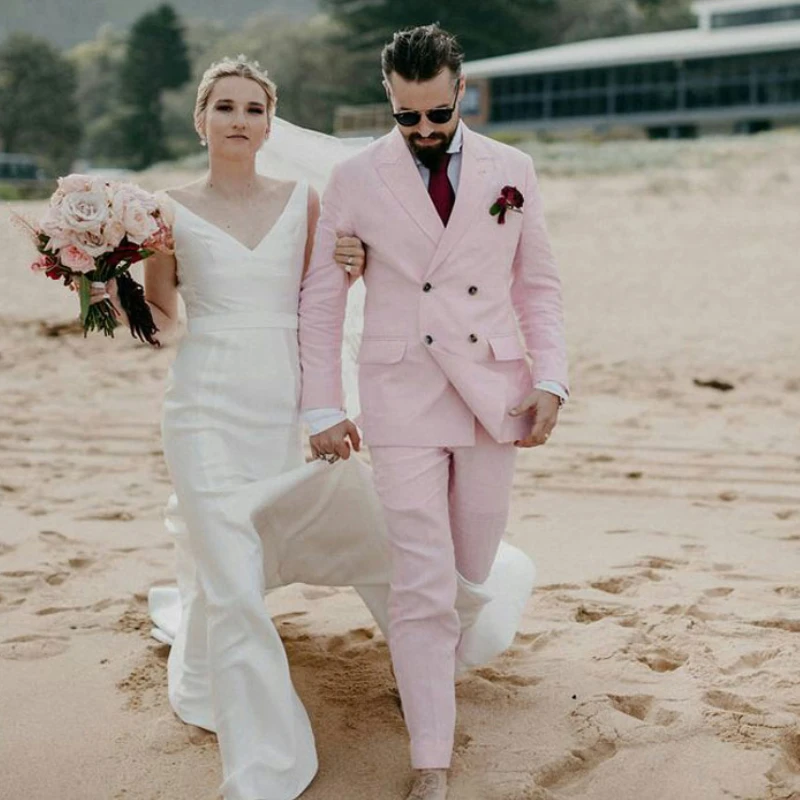 

Розовые льняные пляжные бриджи, двубортные летние смокинги для жениха, костюм из двух предметов, куртка с брюками, приталенный Блейзер