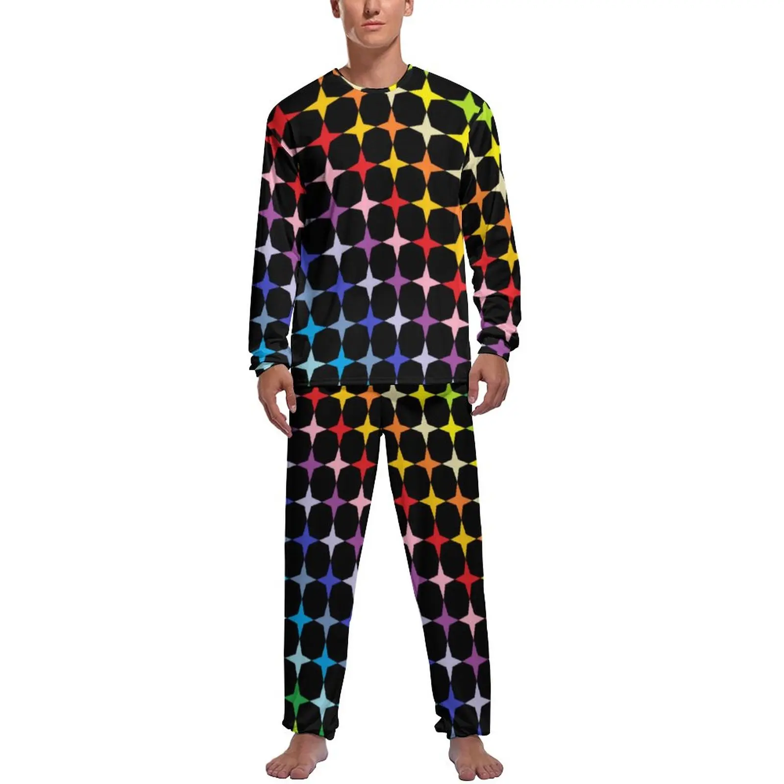 Funny Rainbow Pajamas Autumn Four Points Stars Leisure Nightwear Man 2 Pieces Design Long Sleeve Retro Pajama Sets