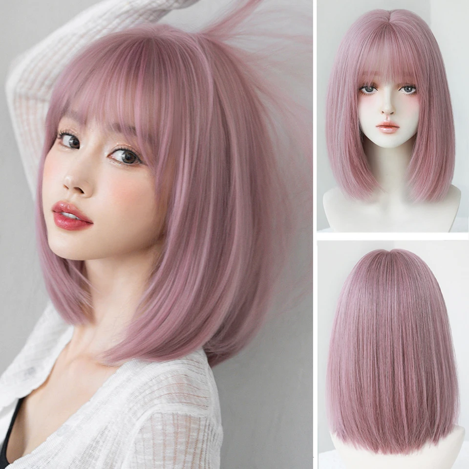 

BEAUTYCODE Synthetic Short Bob Wig with Bangs Pink Straight Wigs for Women Blue Purple Yellow Cosplay Wig