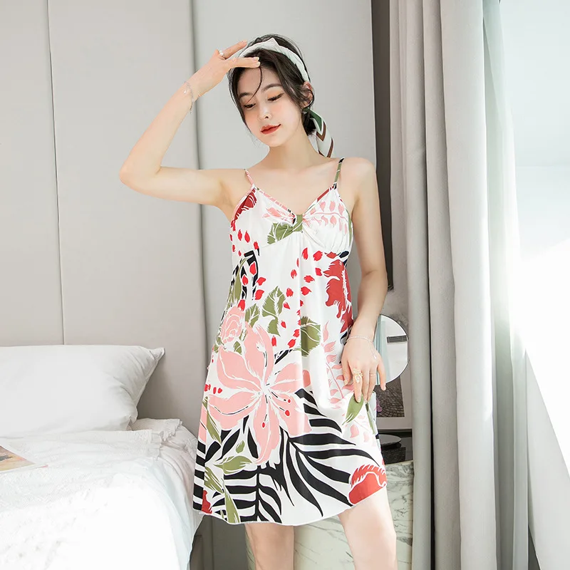 Fdfklak Korean Thin Print Floral Women Nightdress Summer Sleeveelss Sleepwear Ladies Sling Hot Lingerie Night Dress