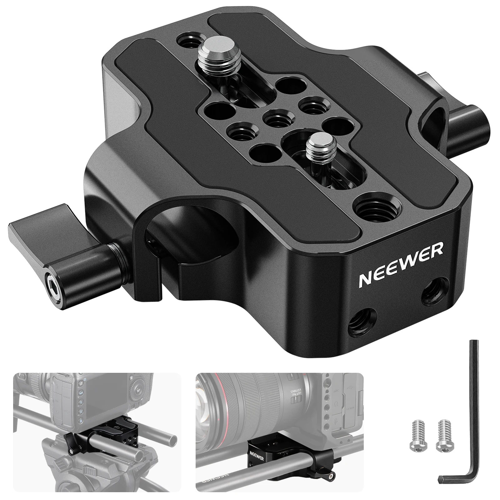 

NEEWER Camera Base Plate with Dual Rod Rail Clamp, 15mm LWS Baseplate for Camera Cage Tripod Shoulder Rig with 1/4" & 3/8"
