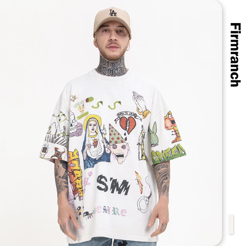 

Firmranch SM Streetwear tshirt White Tees Saint Graffiti Vintage T-shirt For Men Women Cotton Top Short Sleeve Free Shipping