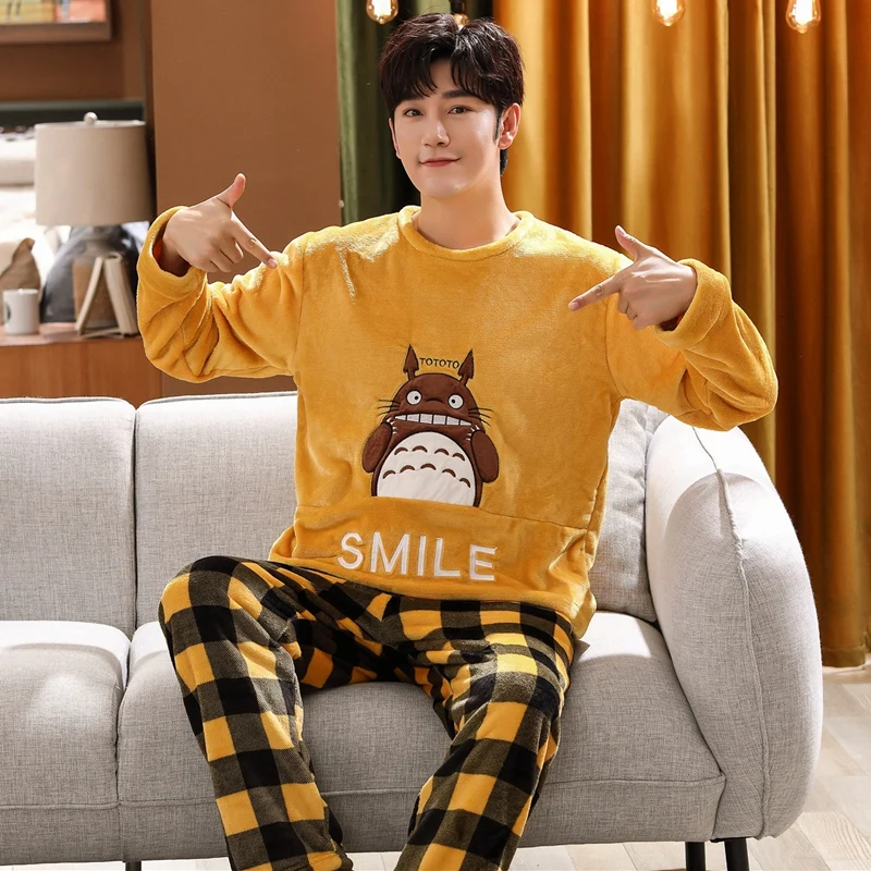 2022 Winter Long Sleeve Thick Warm Flannel Pajama Sets for Men Coral Velvet Cute Cartoon Sleepwear Suit Pyjamas Homewear Clothes