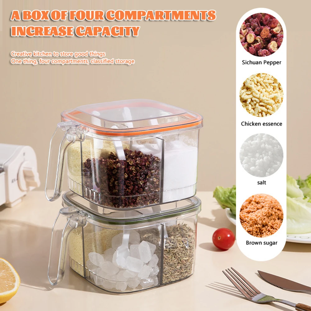 

4-Grid Seasoning Box With Spoon Multipurpose Sealed Spice Jar With Lid Kitchen Storage Tool
