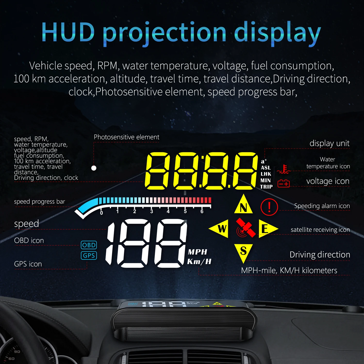 

Head-Up Display Speedometer OBD2 GPS For Car Auto Hud Projectors Alarm Reminder Car Accessories Electronics For Tesla Model