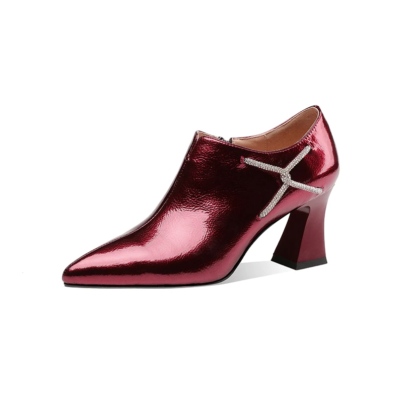 

Mstyle Genuine Leather Pointed Toe Handmade Pumps for Women Side Zip Up Spool Heel Glitter Band Ladies Elegant Heeled Oxfords