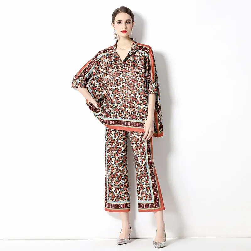

Banulin Runway 2 Pieces Pants Suit Women Short Sleeve Loose Print Tops + High Waist Wide Leg Trousers Set Lady Outfits N3957